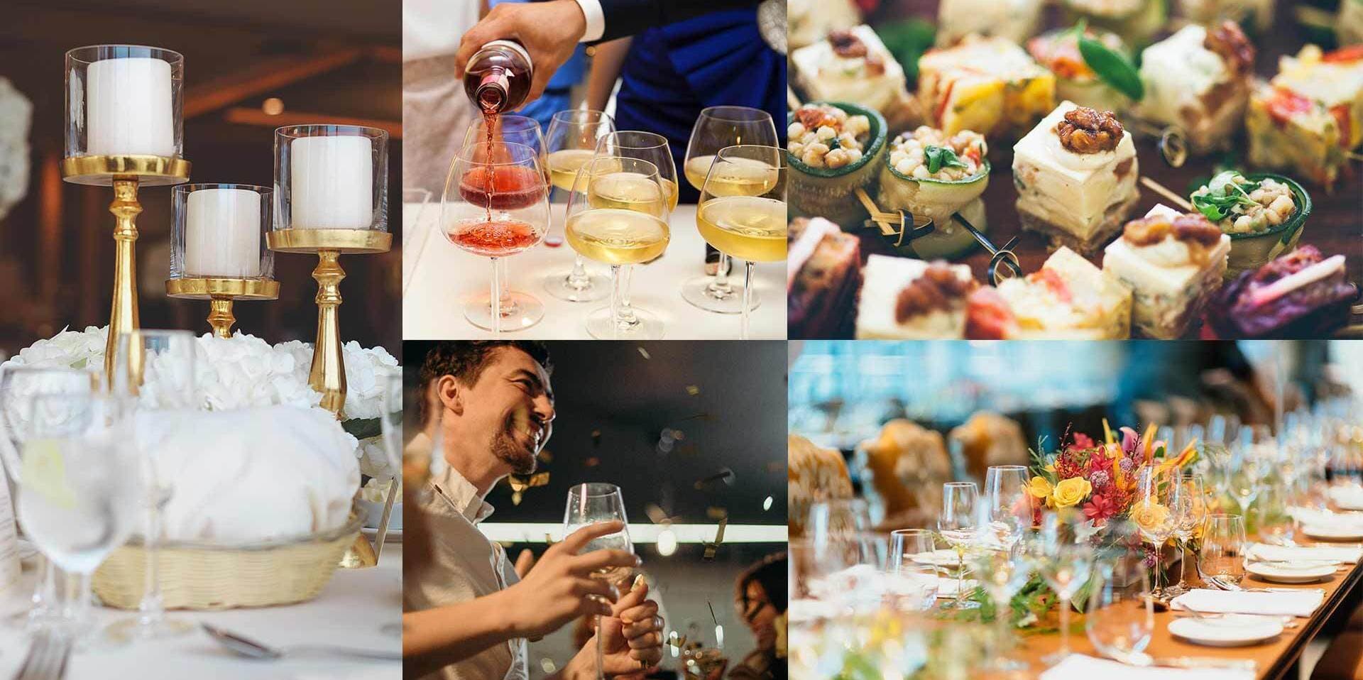 Collage of candle-lit table settings, wine service, canapés, floral table décor and a guest celebrating